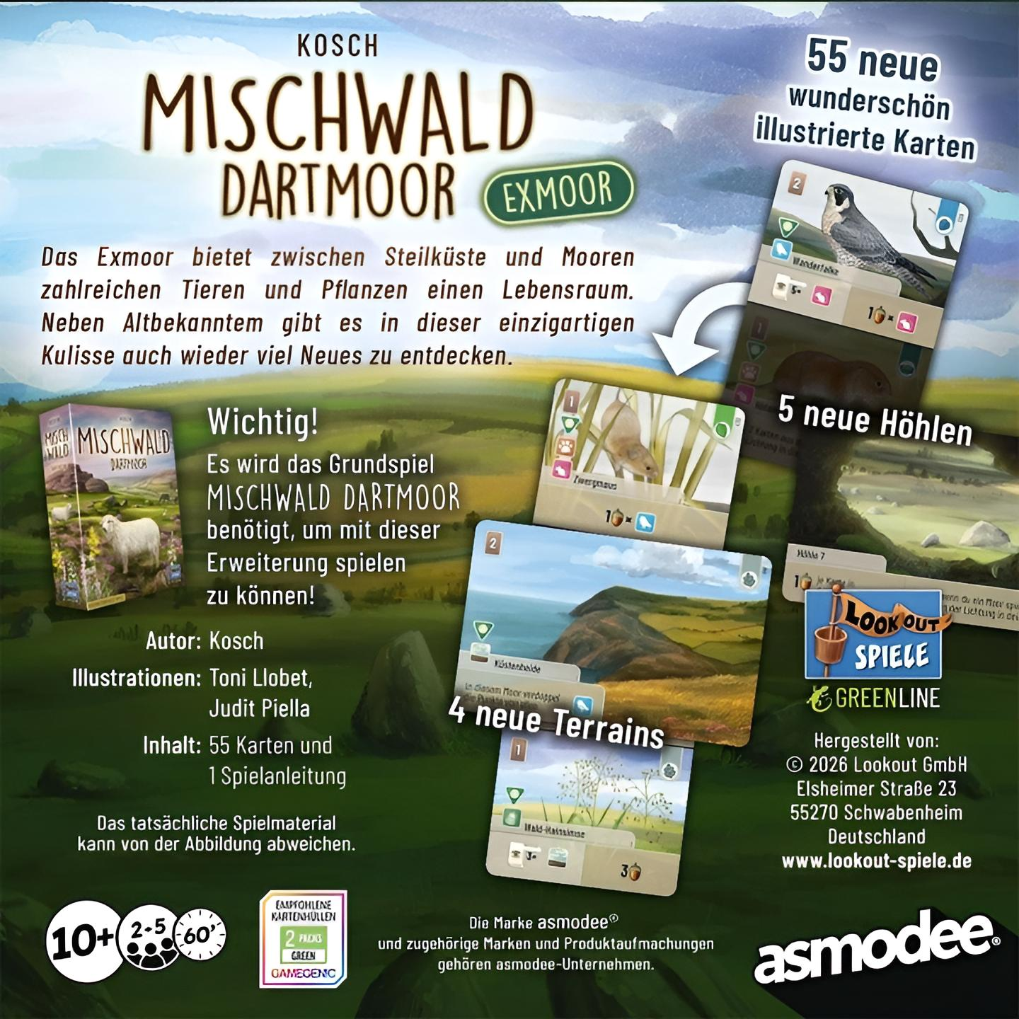 Werbeposter für die Brettspiel-Erweiterung Mischwald Dartmoor Exmoor mit Kartenbeispielen und Text.