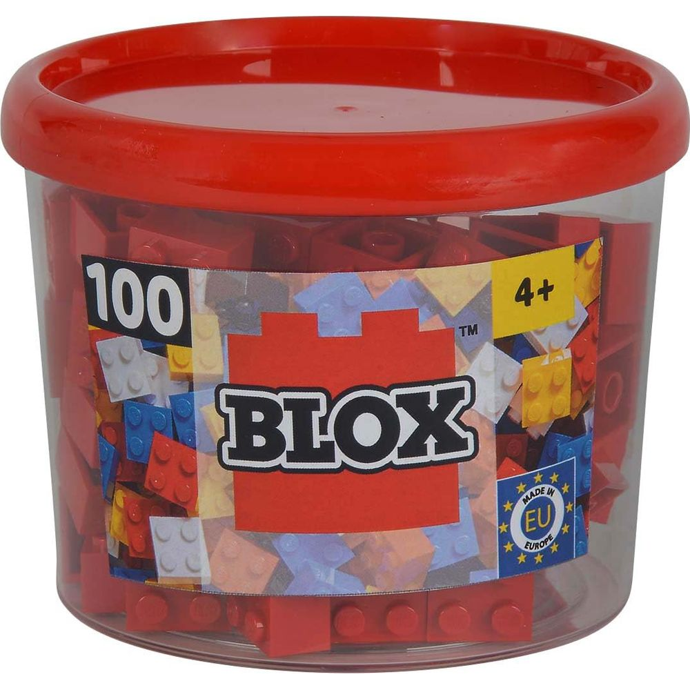 Transparenter Plastikeimer mit rotem Deckel, gefüllt mit bunten Blox-Spielzeugbausteinen.