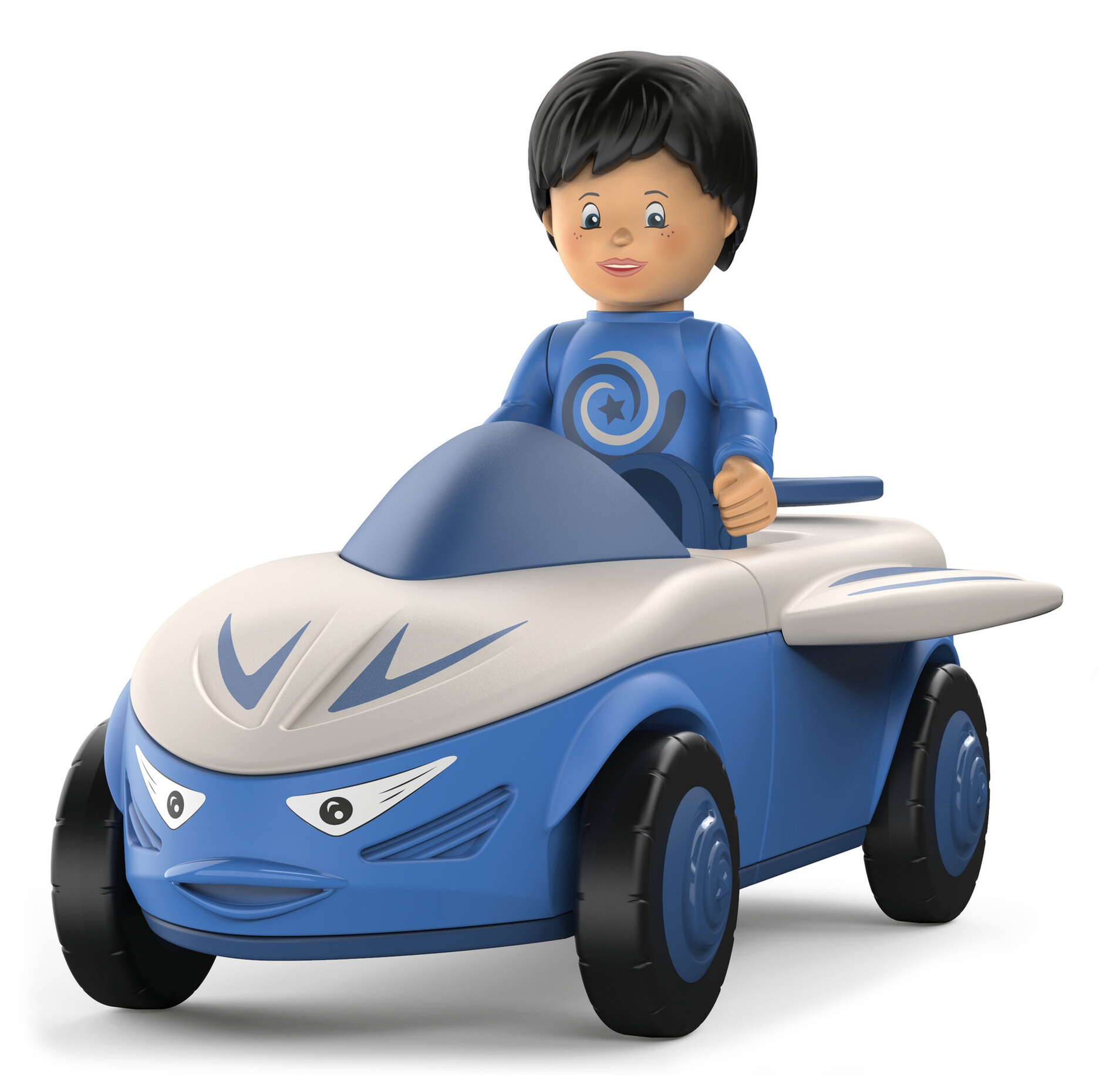 Eine Spielfigur mit schwarzen Haaren fährt ein blau-weißes, futuristisches Spielzeugauto mit freundlichem Gesicht.