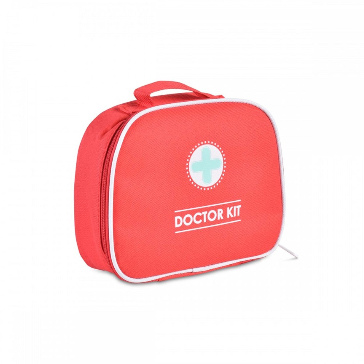 Eine rote Arztkoffer-Stofftasche mit weißem Rand, Griff und einem hellblauen Kreuz in einem Kreis vorne.