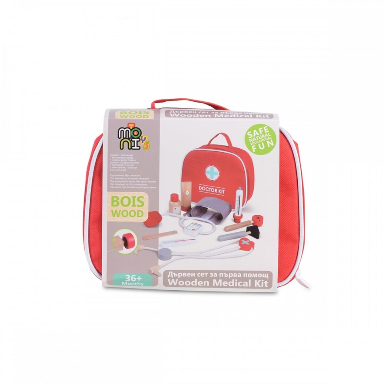 Ein rotes Stoff-Arztkoffer-Set aus Holz für Kinder, verpackt mit Zubehör und Bild auf der Schachtel.