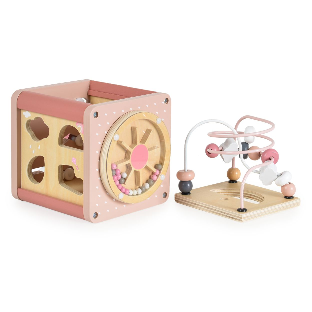 Ein rosafarbenes Motorikwürfel-Spielzeug aus Holz mit Steckformen und einer Perlen-Achterbahn daneben auf weißem Grund.