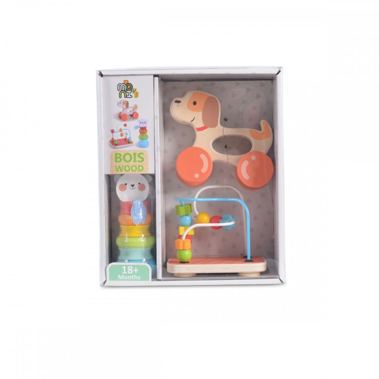 Holzspielzeug-Set in Verpackung für Kinder ab 18 Monaten, mit Hund, Perlenspiel und Stapelturm.