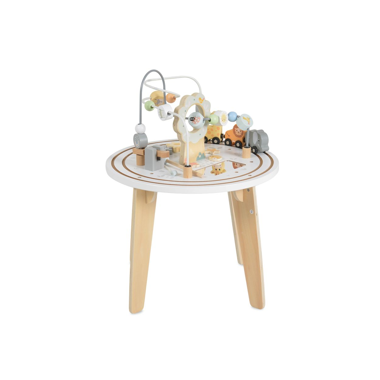 Ein weißer Holz-Aktivitätstisch für Kinder mit bunten Perlenbahnen, Zahnrädern und Tiermotiven auf hellen Holzbeinen.