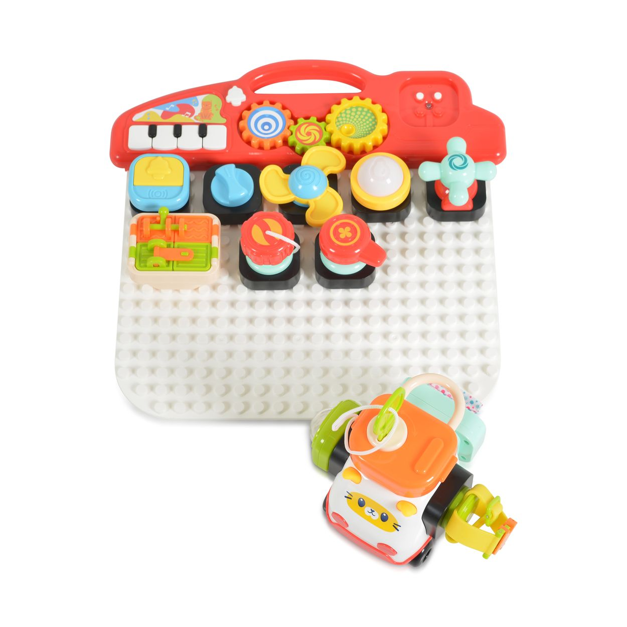 Buntes Lernspielzeug mit Zahnrädern, Tasten und einer Spielzeugfigur auf einer weißen Stecktafel.
