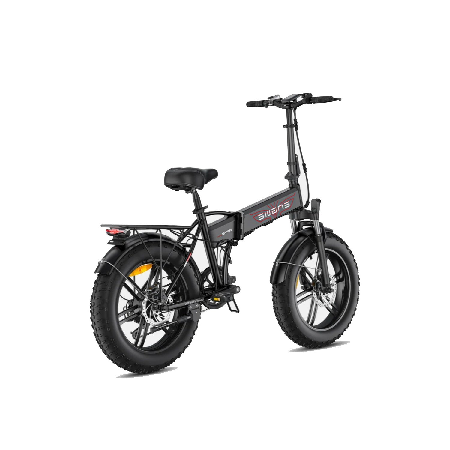 Bici elettrica pieghevole nera con gomme larghe, portapacchi e freni a disco su sfondo bianco.
