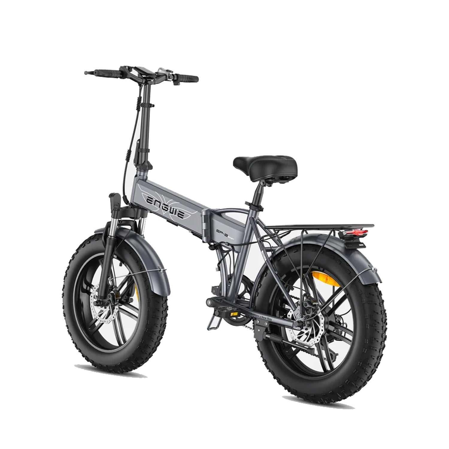Bici elettrica grigia con pneumatici larghi, portapacchi e sella.
