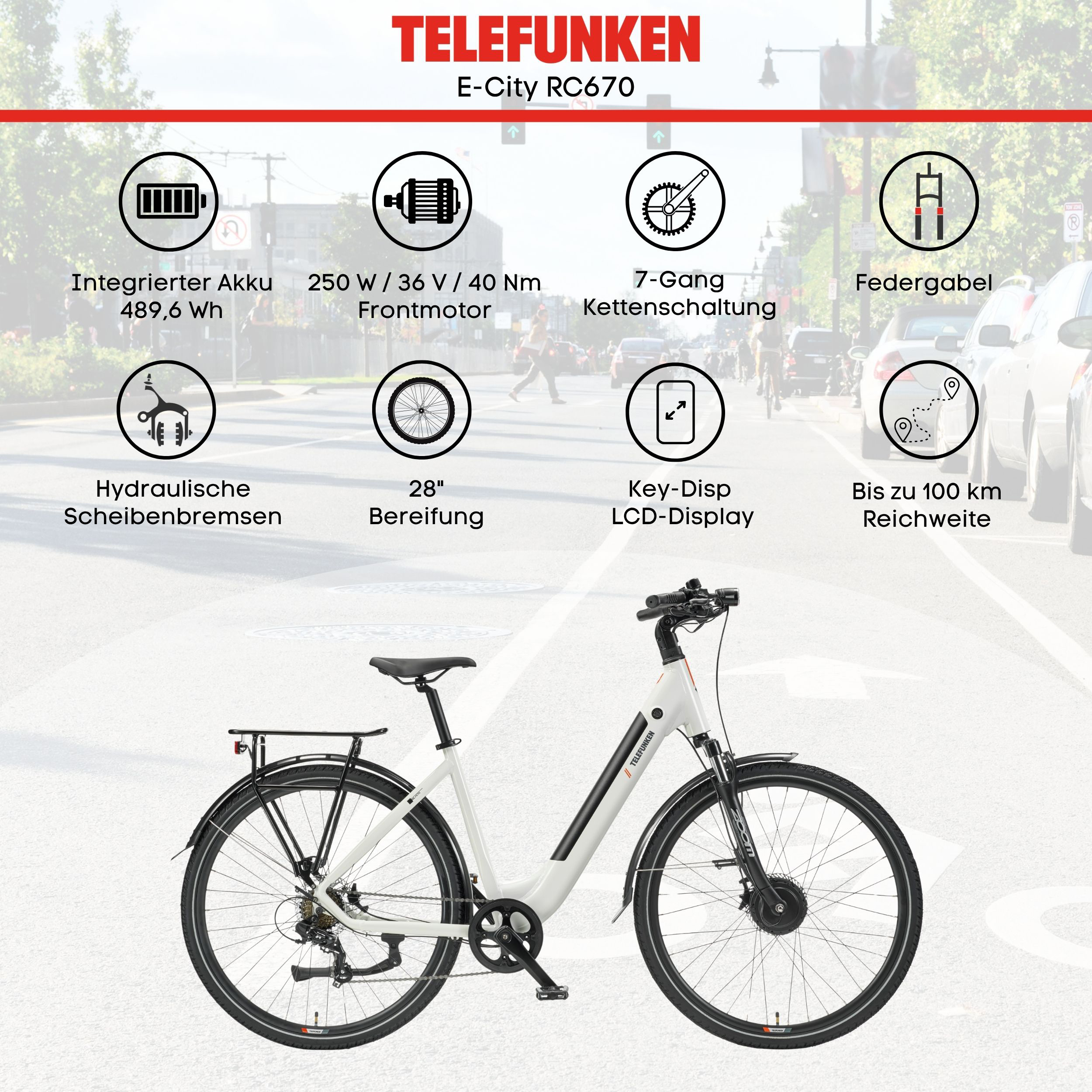 Telefunken E-City RC670 E-Bike zeigt technische Daten und weißen Rahmen vor Stadthintergrund.