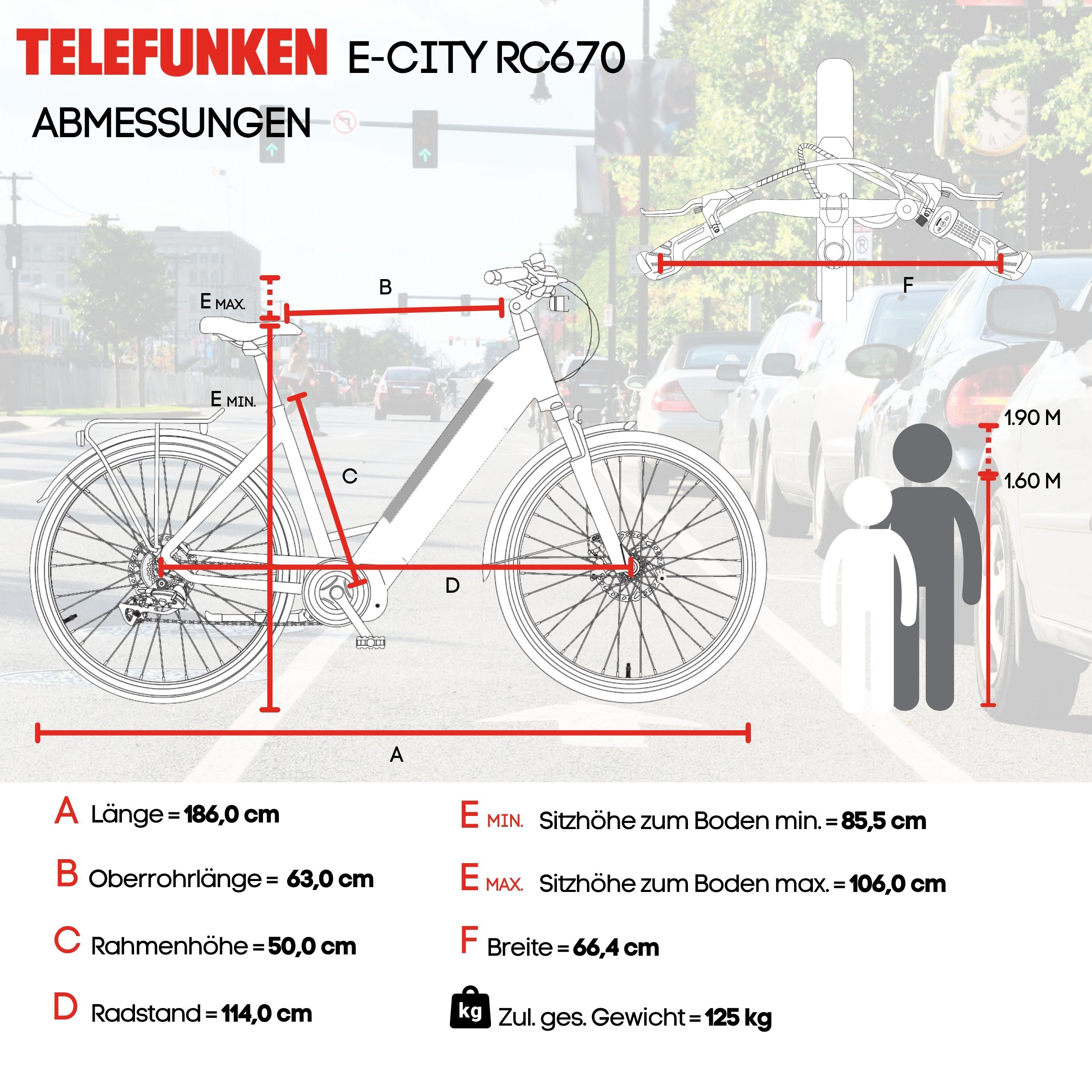 Diagramm mit Abmessungen des E-Bikes Telefunken E-City RC670 mit beschrifteten Maßen A bis F auf einer Straßenebene.