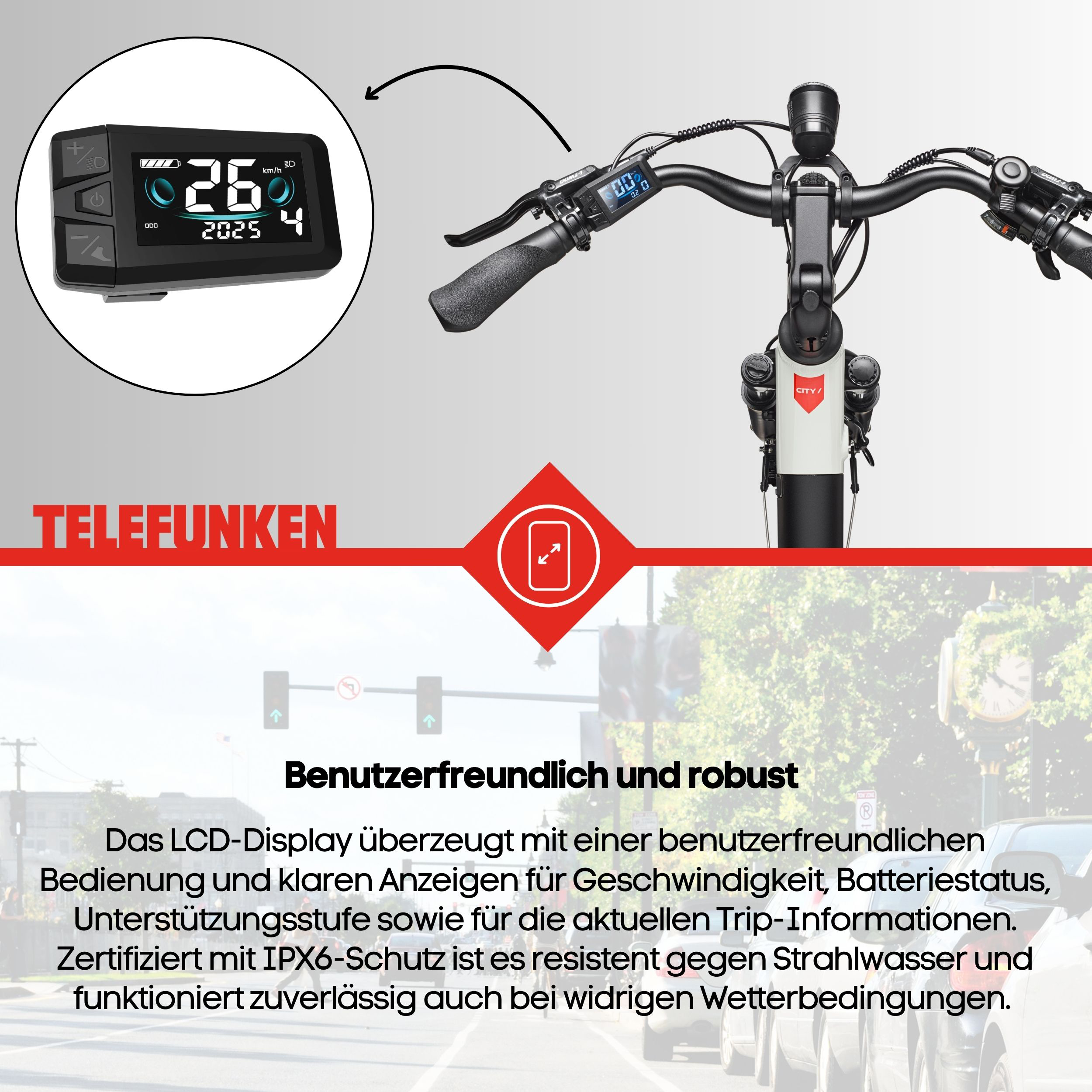 E-Bike-Lenker mit LCD-Display, das Geschwindigkeit, Batterie und Trip-Informationen anzeigt.