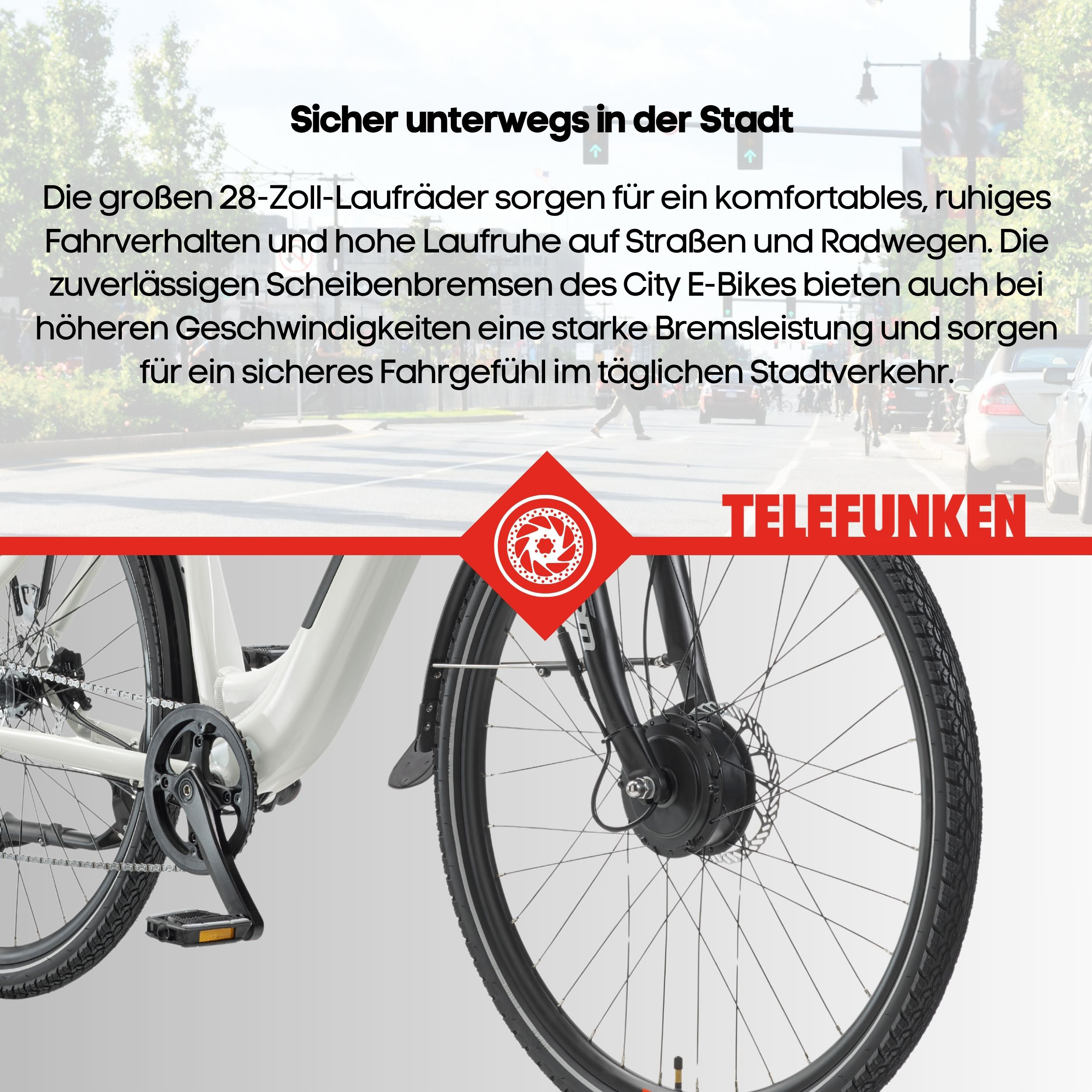 Telefunken E-Bike Vorderteil mit Scheibenbremse vor einer Straßenszene.