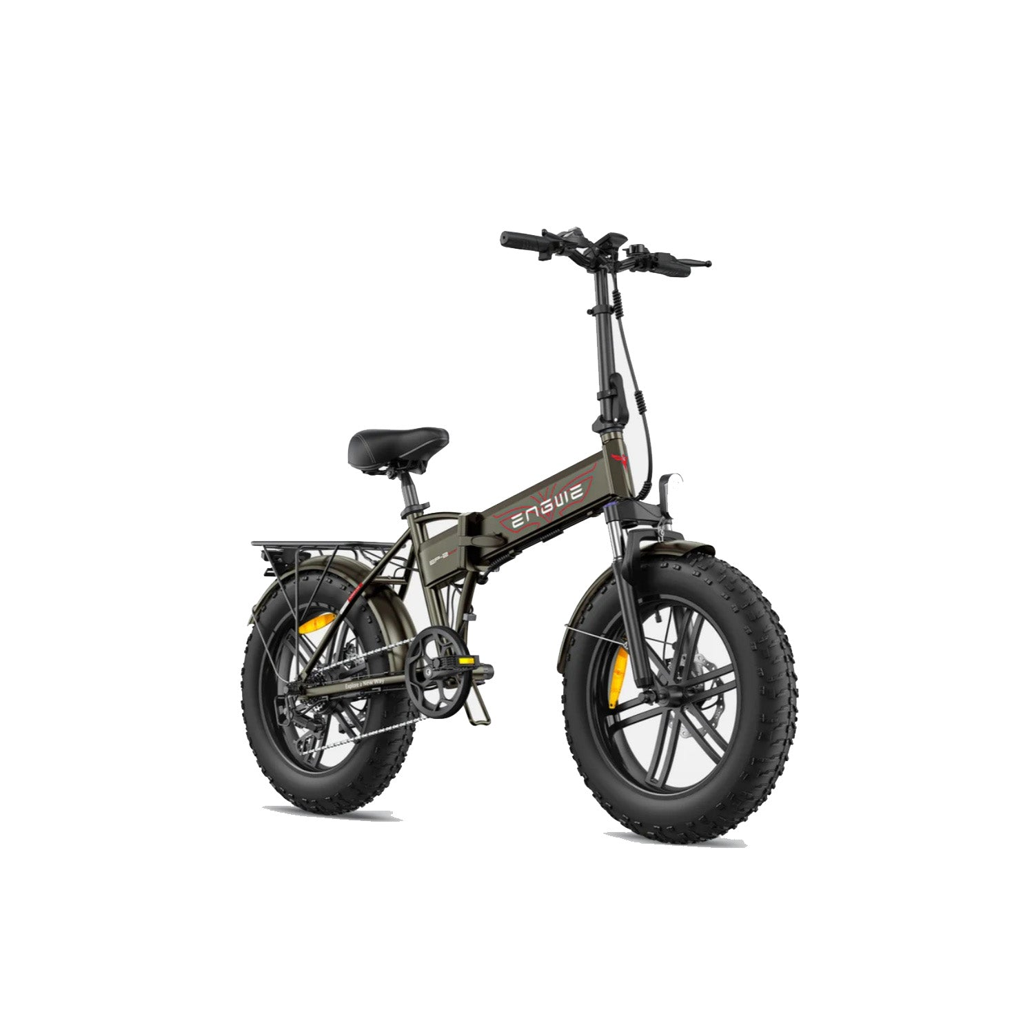 Una bici elettrica pieghevole verde scuro con pneumatici larghi su sfondo bianco.