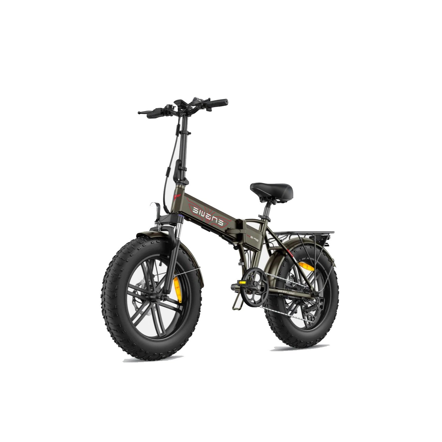 Una e-bike pieghevole grigia con pneumatici larghi, parafanghi e portapacchi su sfondo bianco.