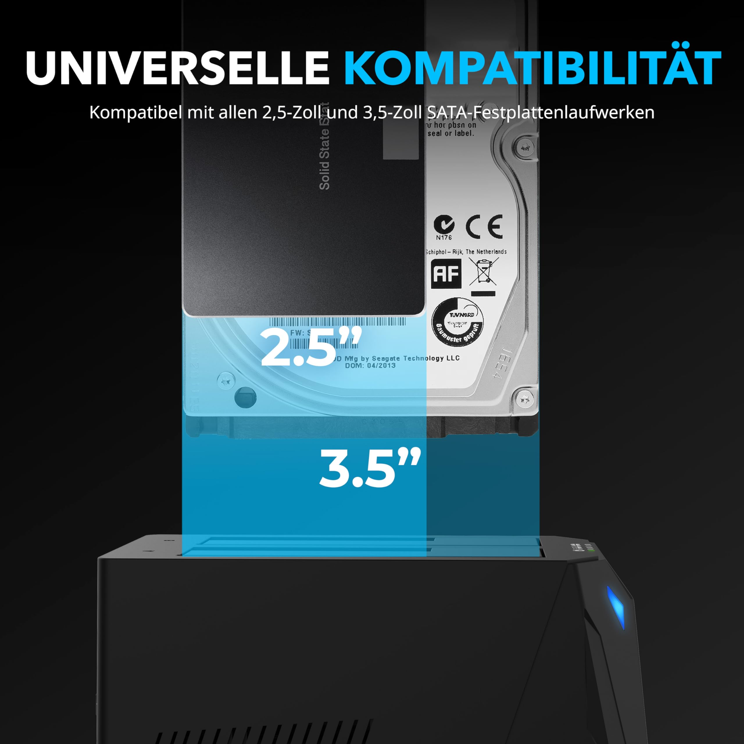 Universal-Kompatibilität für 2,5- und 3,5-Zoll-SATA-Festplatten in einer Dockingstation.