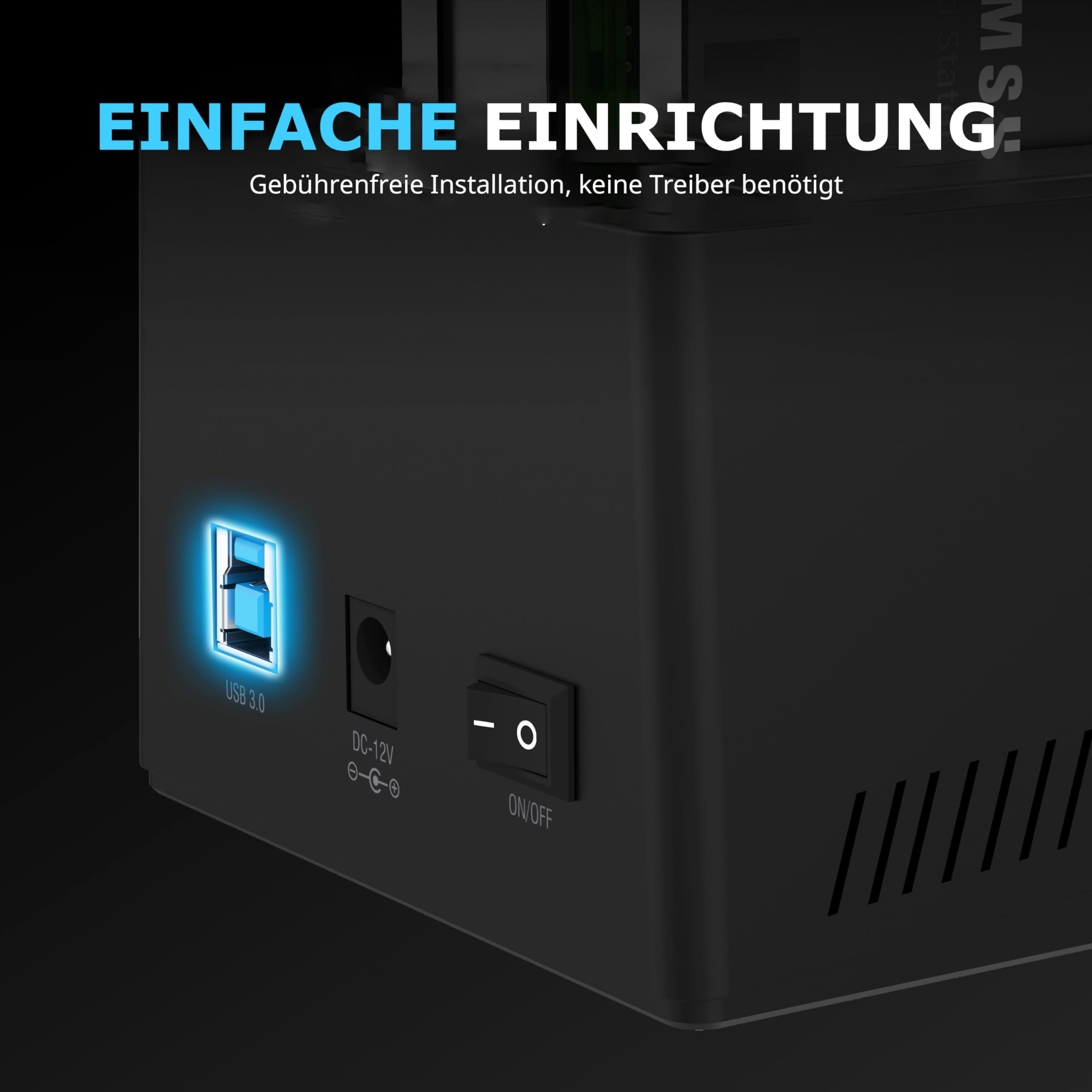 Schwarzes elektronisches Gerät mit blau leuchtendem USB 3.0 Anschluss, DC-12V Buchse und Ein-Aus-Schalter.