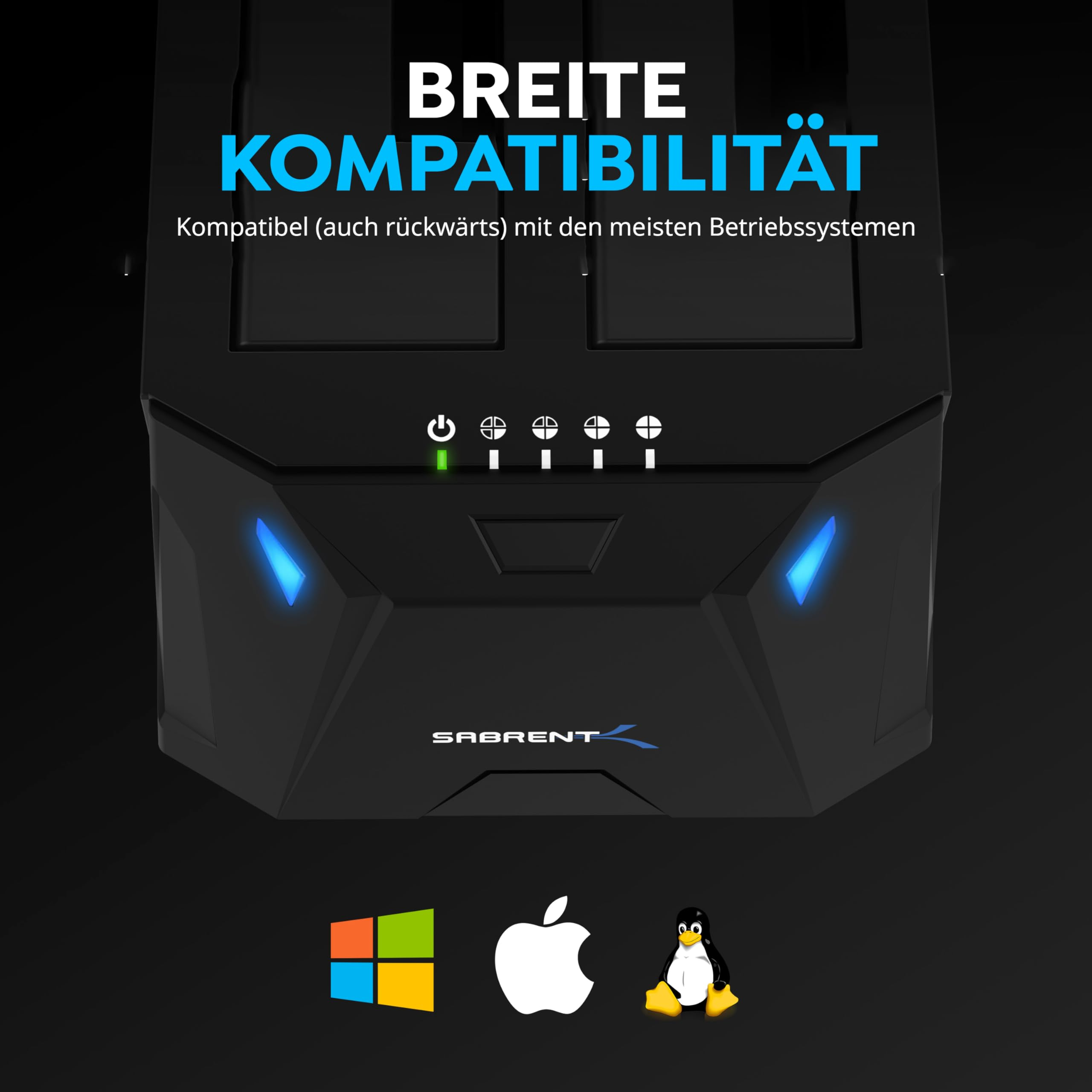 Schwarze Sabrent-Dockingstation mit Status-LEDs und Logos für Windows, Apple und Linux unten.