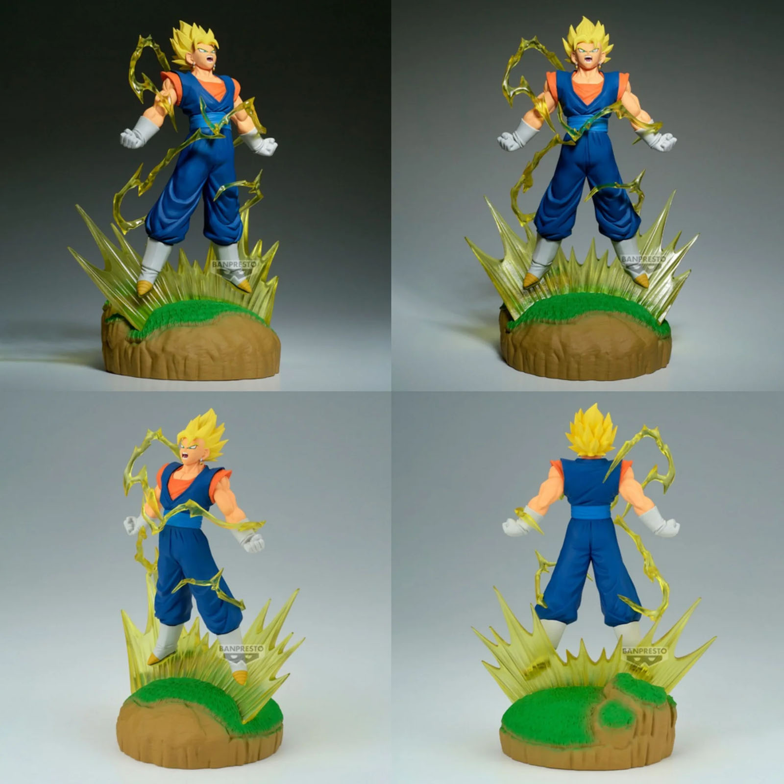 Eine Anime-Figur mit gelben Haaren und blauer Kleidung, umgeben von Energieeffekten, auf einem felsigen Sockel.