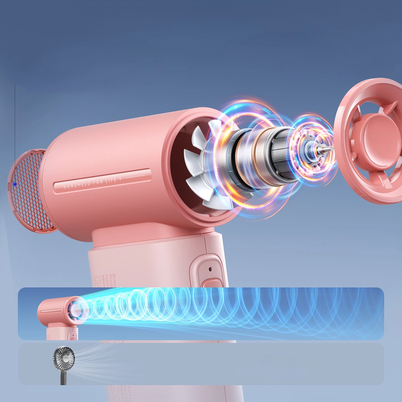 Görünür motor ve hava akışı grafikleriyle pembe el fanının patlatılmış görünümü.
