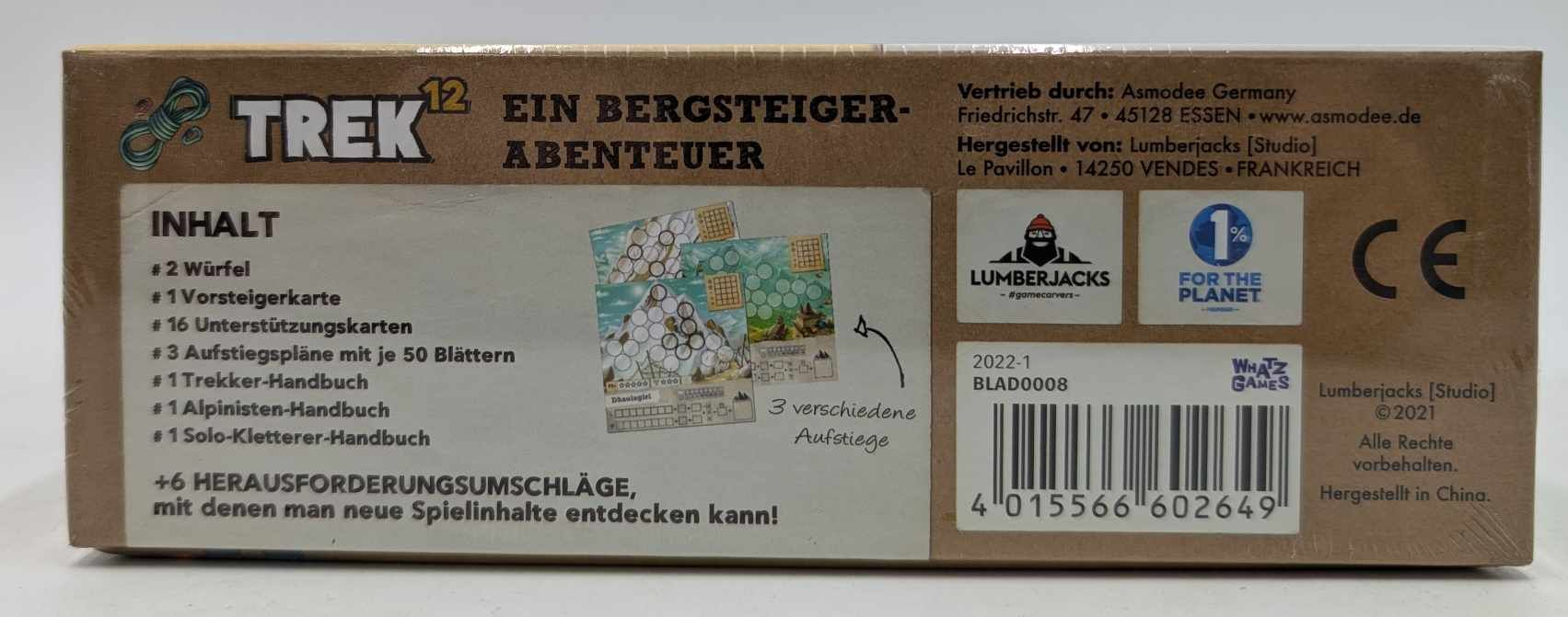 Dos de la boîte du jeu Trek 12 avec liste du contenu, logos d'entreprise, code-barres et marquage CE.