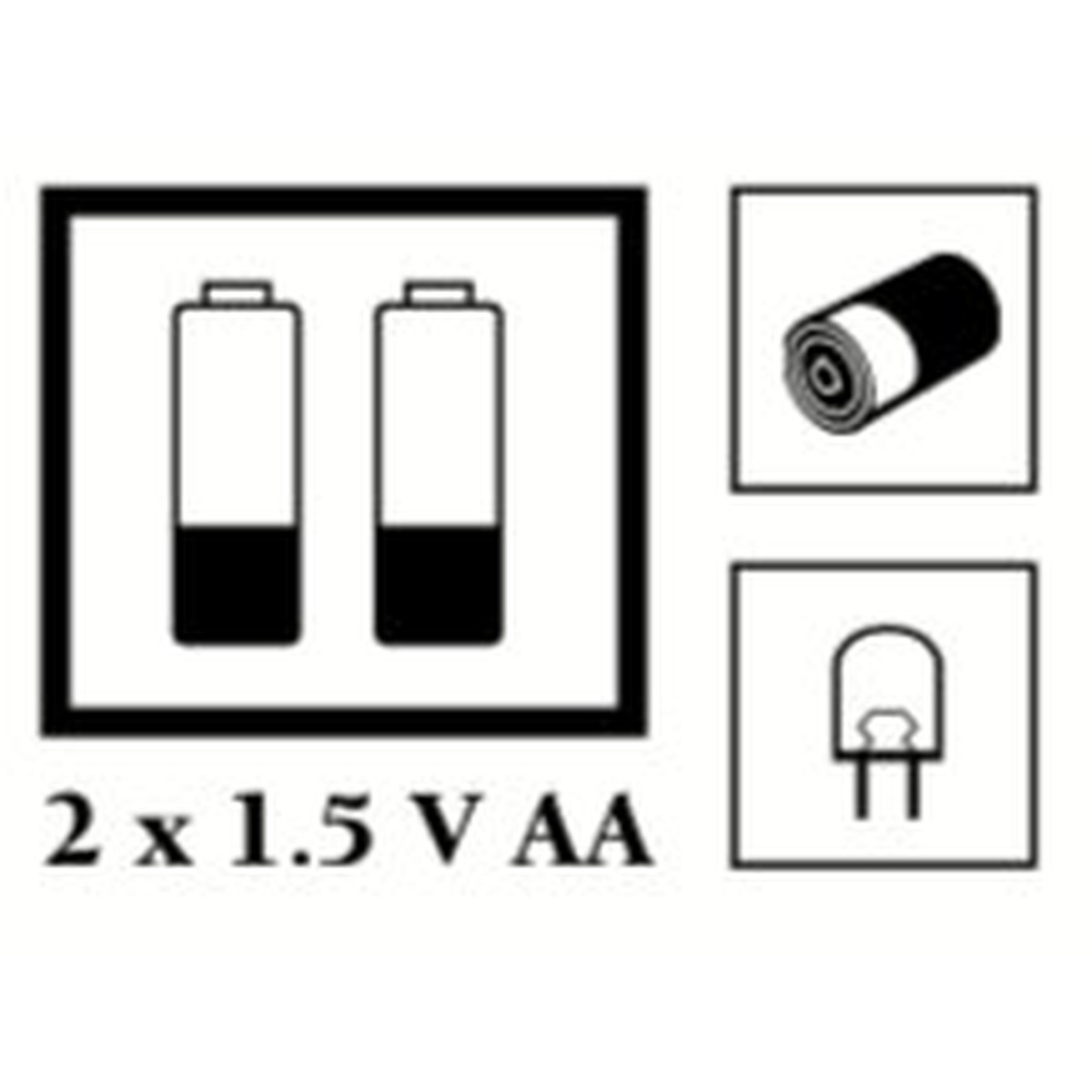 Zwart-wit icoon met twee AA 1.5V batterijen, een rol en een gloeilamp.