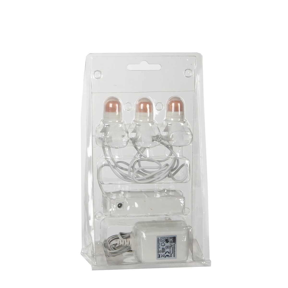 Drie kleine verlichtingsarmaturen met kabels en een adapter in een doorzichtige plastic verpakking.