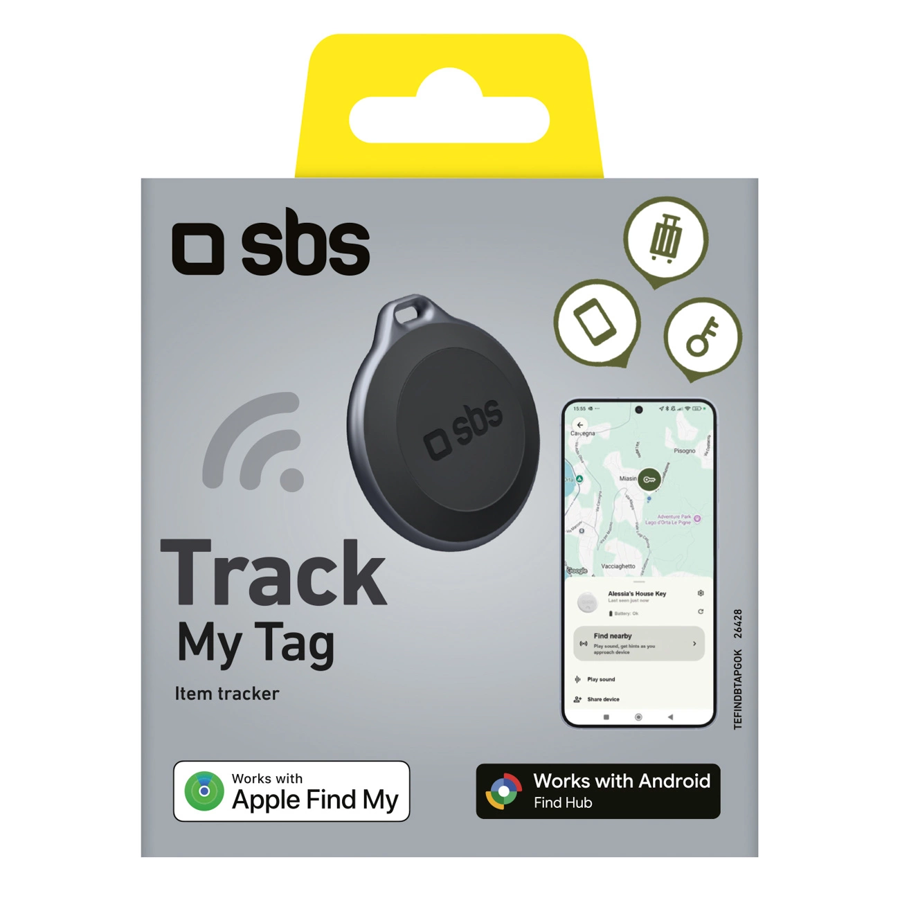 Confezione di un localizzatore di oggetti grigio SBS Track My Tag, compatibile con Apple Find My e Android.
