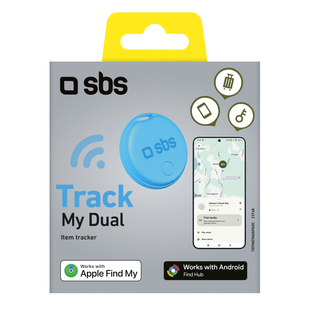 Confezione del tracker per oggetti blu SBS Track My Dual con integrazione app.