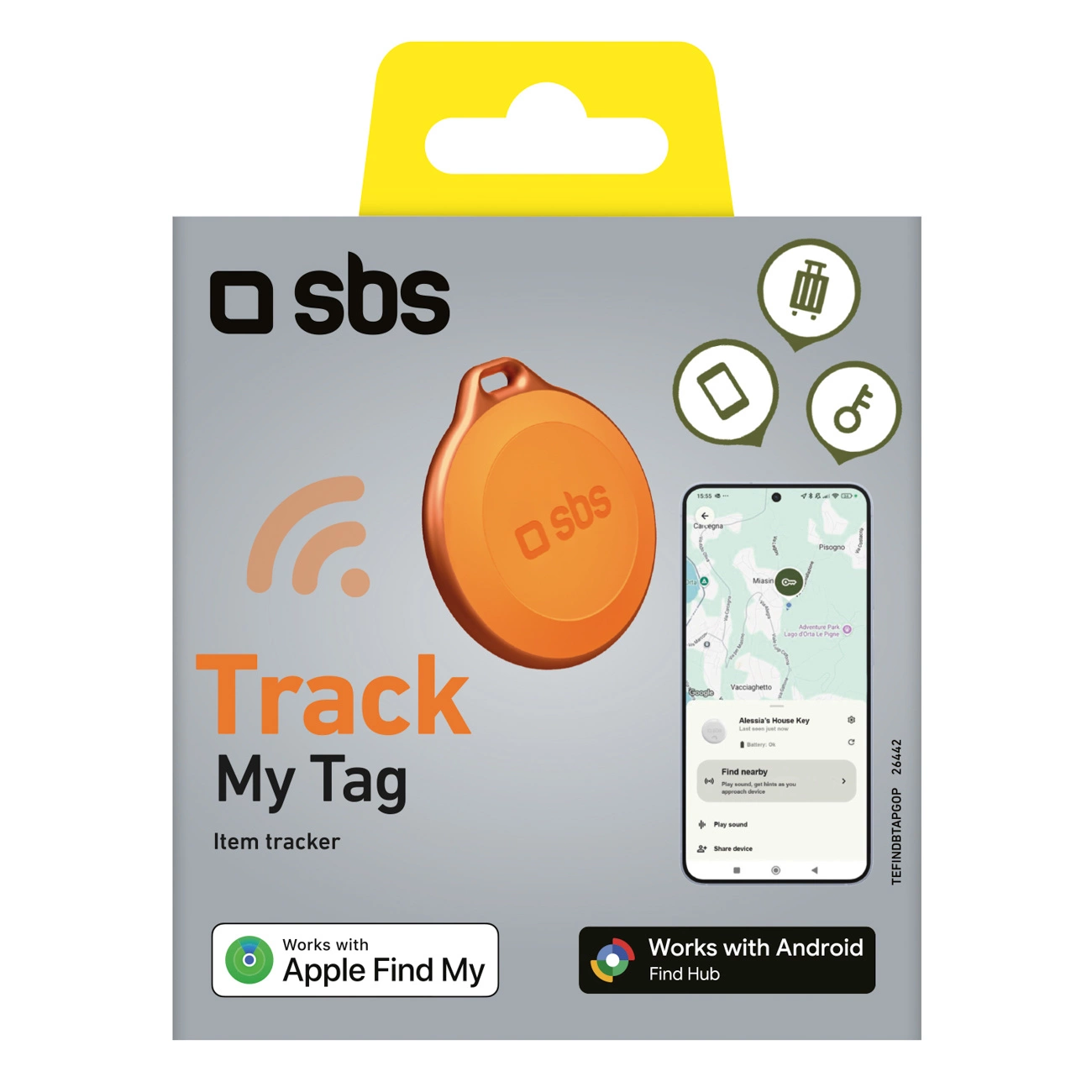 Confezione di un localizzatore di oggetti arancione SBS Track My Tag, compatibile con Android e Apple.