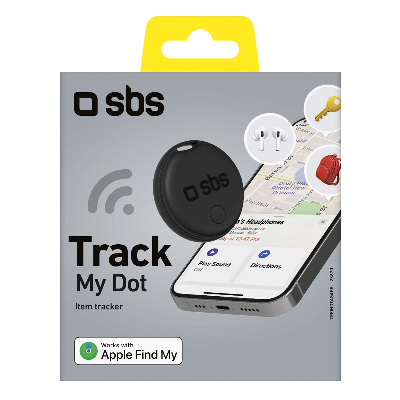 Confezione del tracker SBS Track My Dot con dispositivo nero e interfaccia app su smartphone.