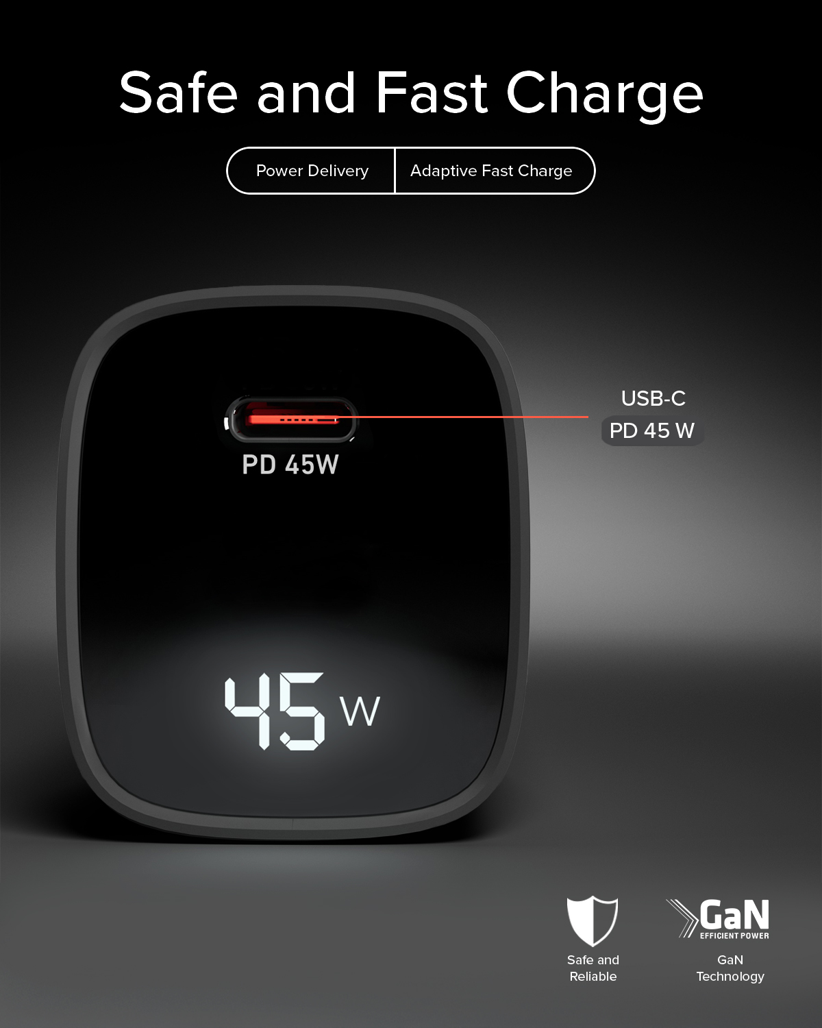 Ein schwarzes USB-C-Schnellladegerät mit 45W Anzeige und GaN-Technologie.