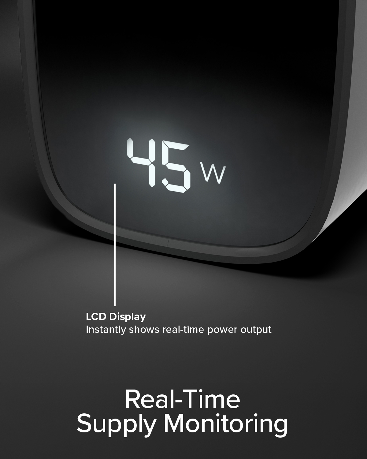 LCD-Display zeigt 45W Leistung an mit Echtzeit-Versorgungsüberwachung.
