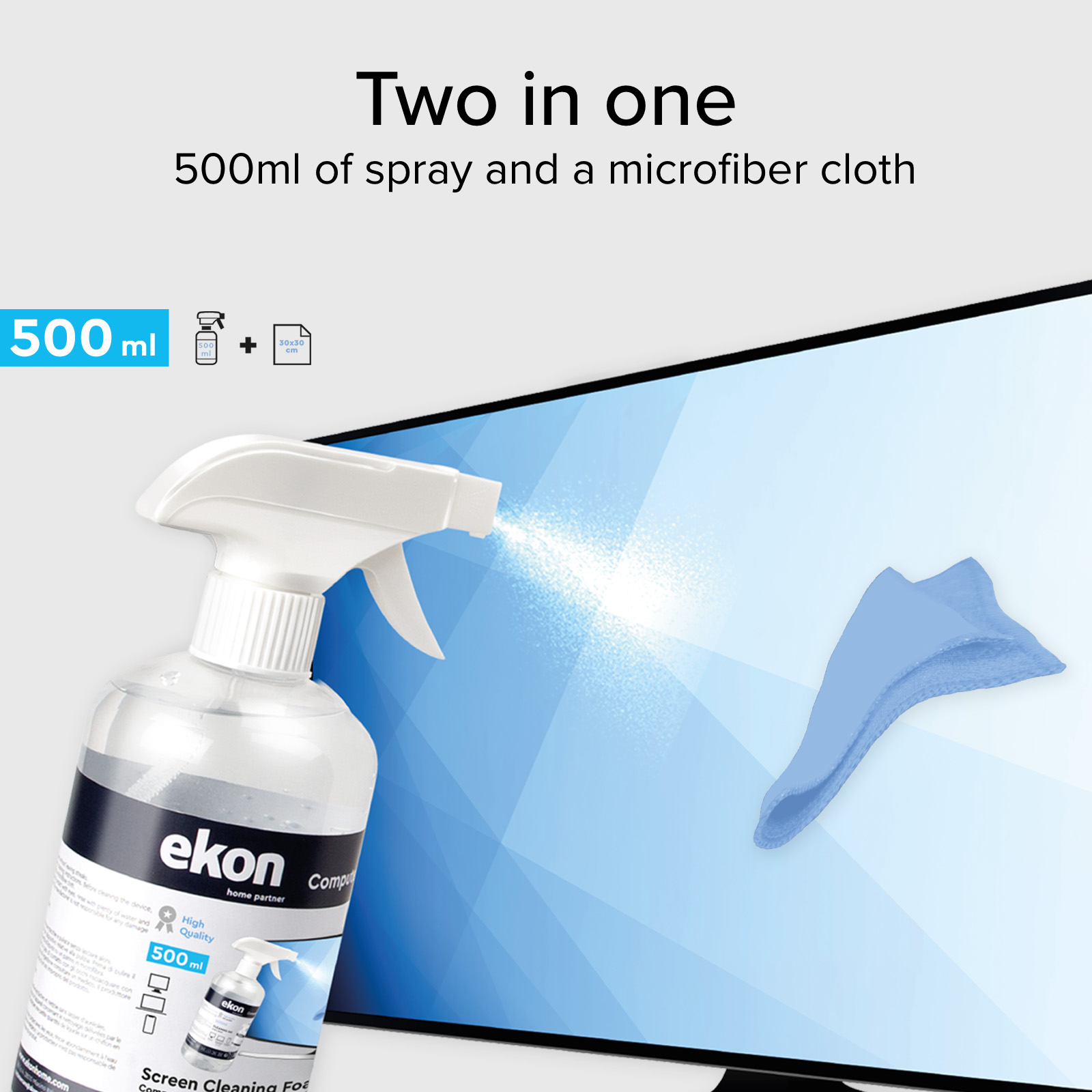 Spray detergente da 500 ml e panno in microfibra blu davanti a uno schermo.