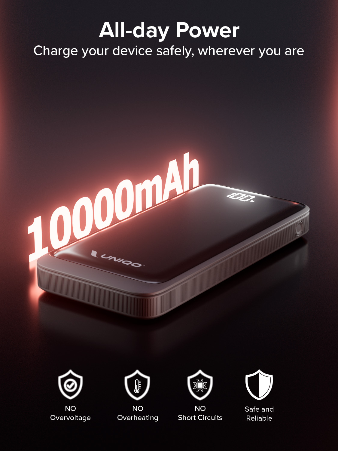 Power bank nero Uniqo 10000mAh con display digitale, circondato da effetti di luce rossa e icone di sicurezza.