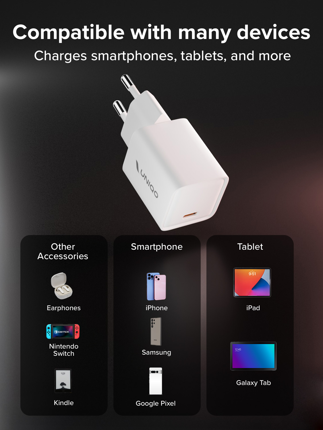 Caricabatterie da muro USB-C bianco compatibile con smartphone, tablet e altro.