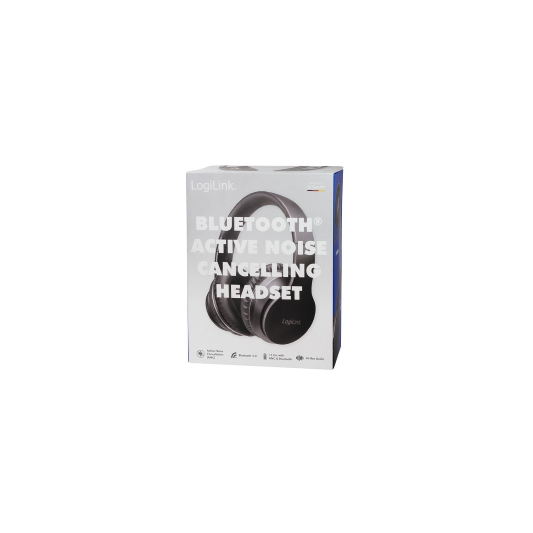 Scatola di imballaggio per cuffie LogiLink Bluetooth Active Noise Cancelling su sfondo bianco.