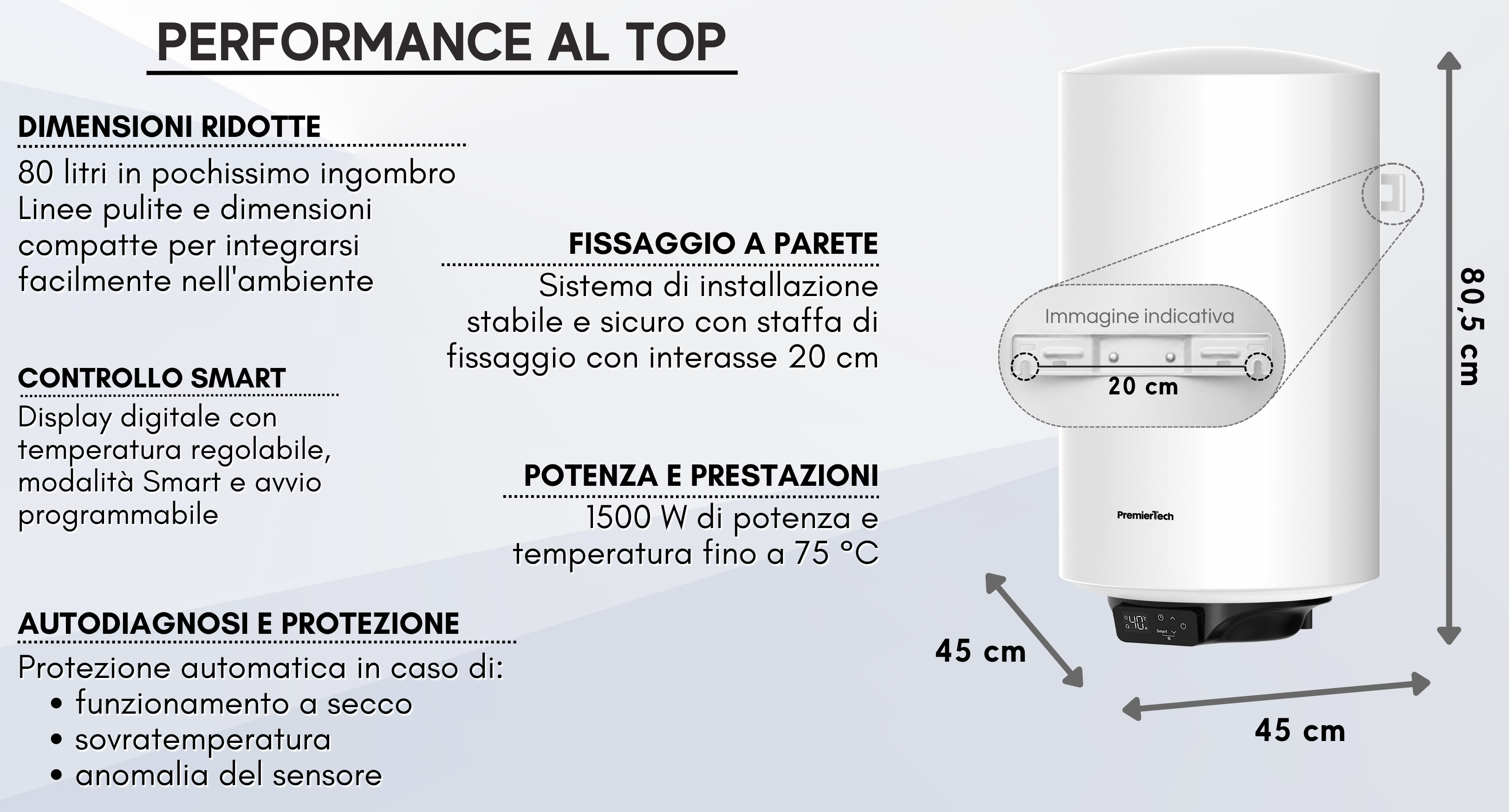 Infografica tecnica di uno scaldacqua bianco con dimensioni di 80,5 per 45 cm e descrizione delle caratteristiche chiave.