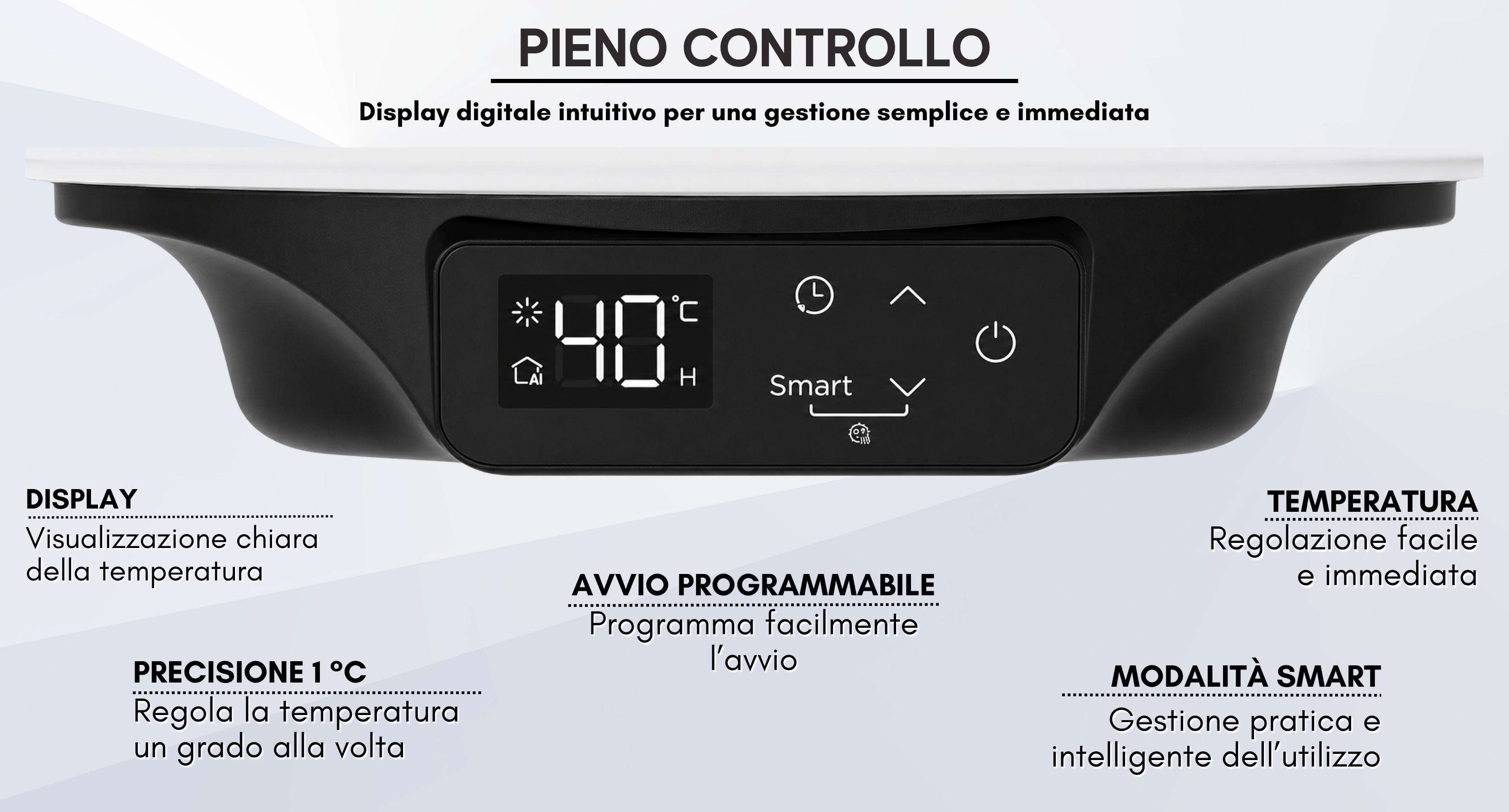 Display digitale con indicazione della temperatura e controlli touch su pannello nero.