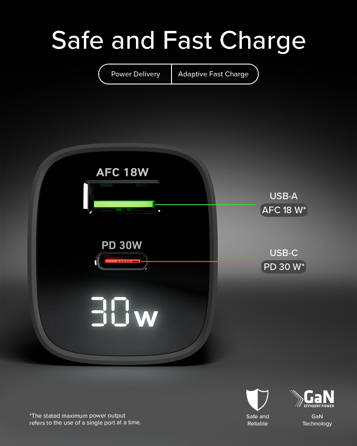 Un cargador de pared negro con un puerto USB-A y un USB-C, etiquetado con AFC 18W y PD 30W.