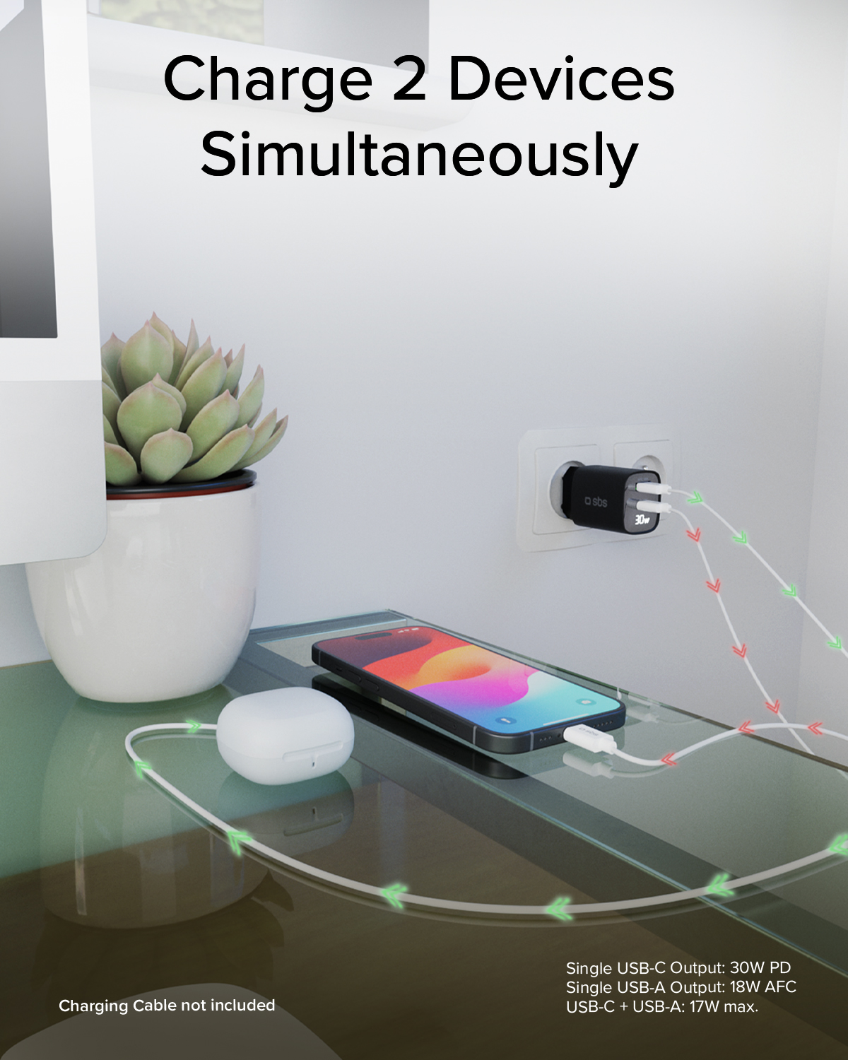 Un cargador de pared de doble puerto alimenta un teléfono y una funda de auriculares en un escritorio.