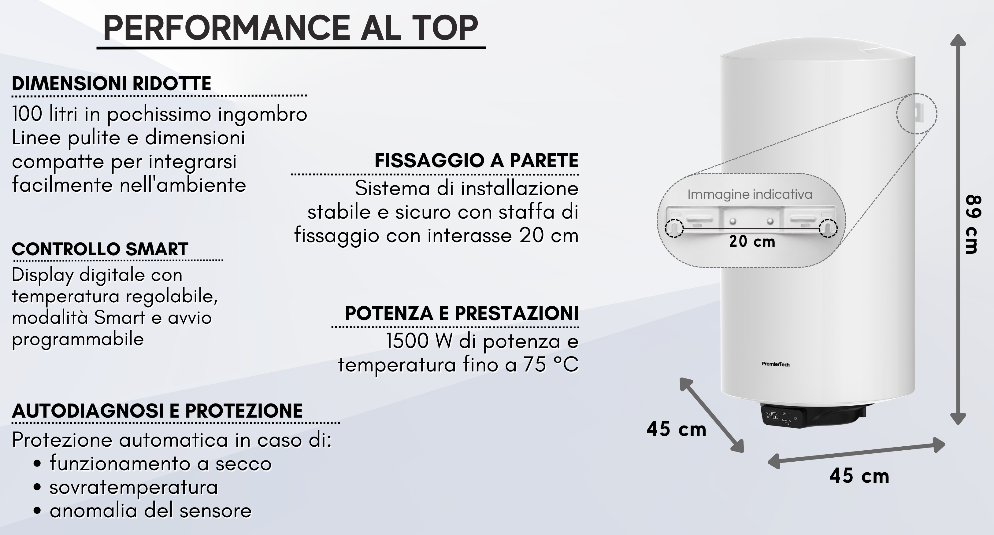 Scaldabagno bianco con specifiche tecniche, dimensioni 89x45x45 cm, staffa da parete e display digitale.