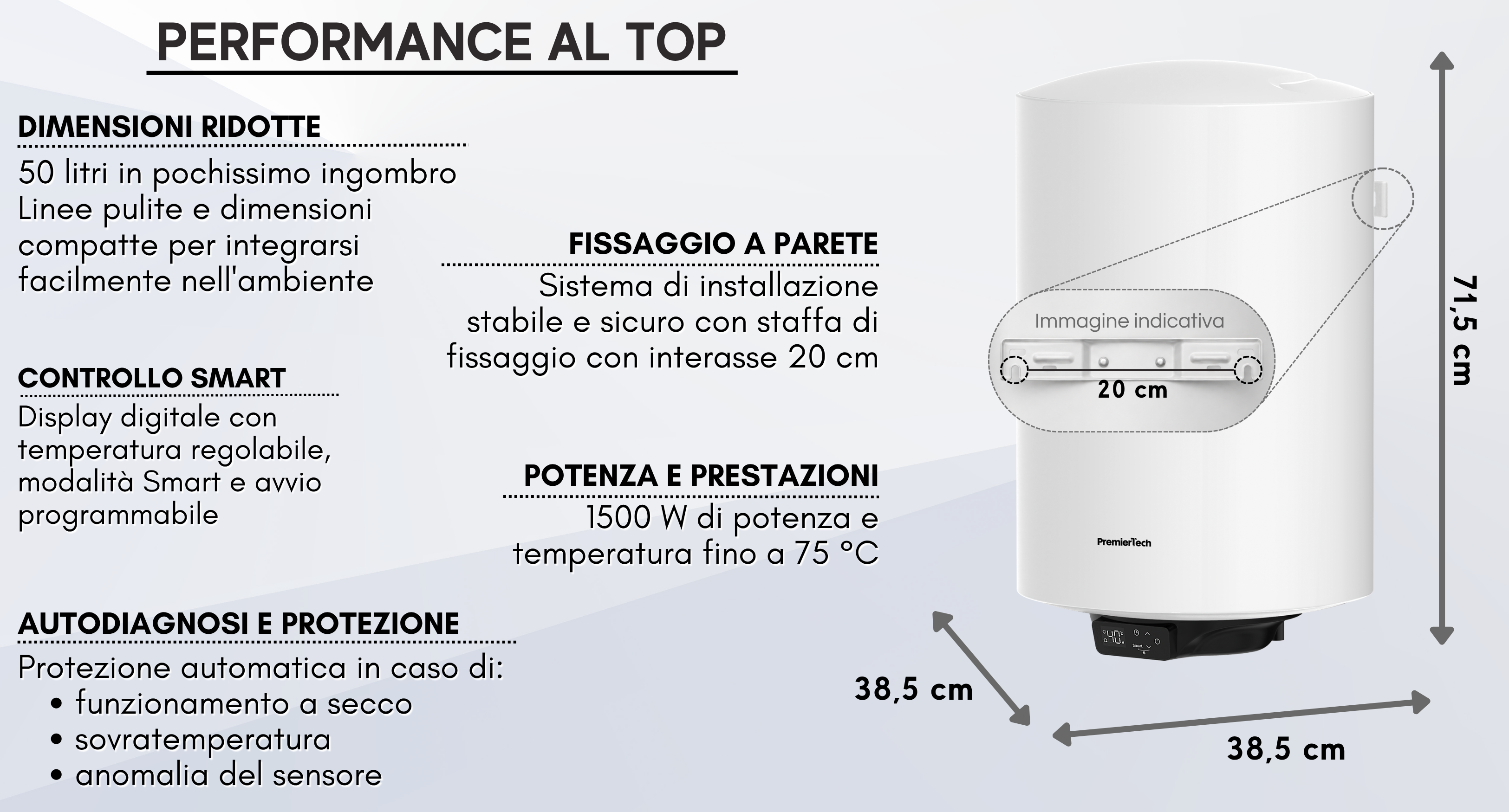Scaldaacqua elettrico bianco con dimensioni 71,5x38,5 cm, display digitale e specifiche in italiano.