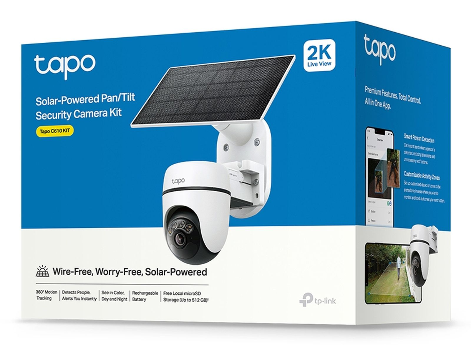 Verpackung der Tapo Solar-Sicherheitskamera mit Kamera und Solarpanel.