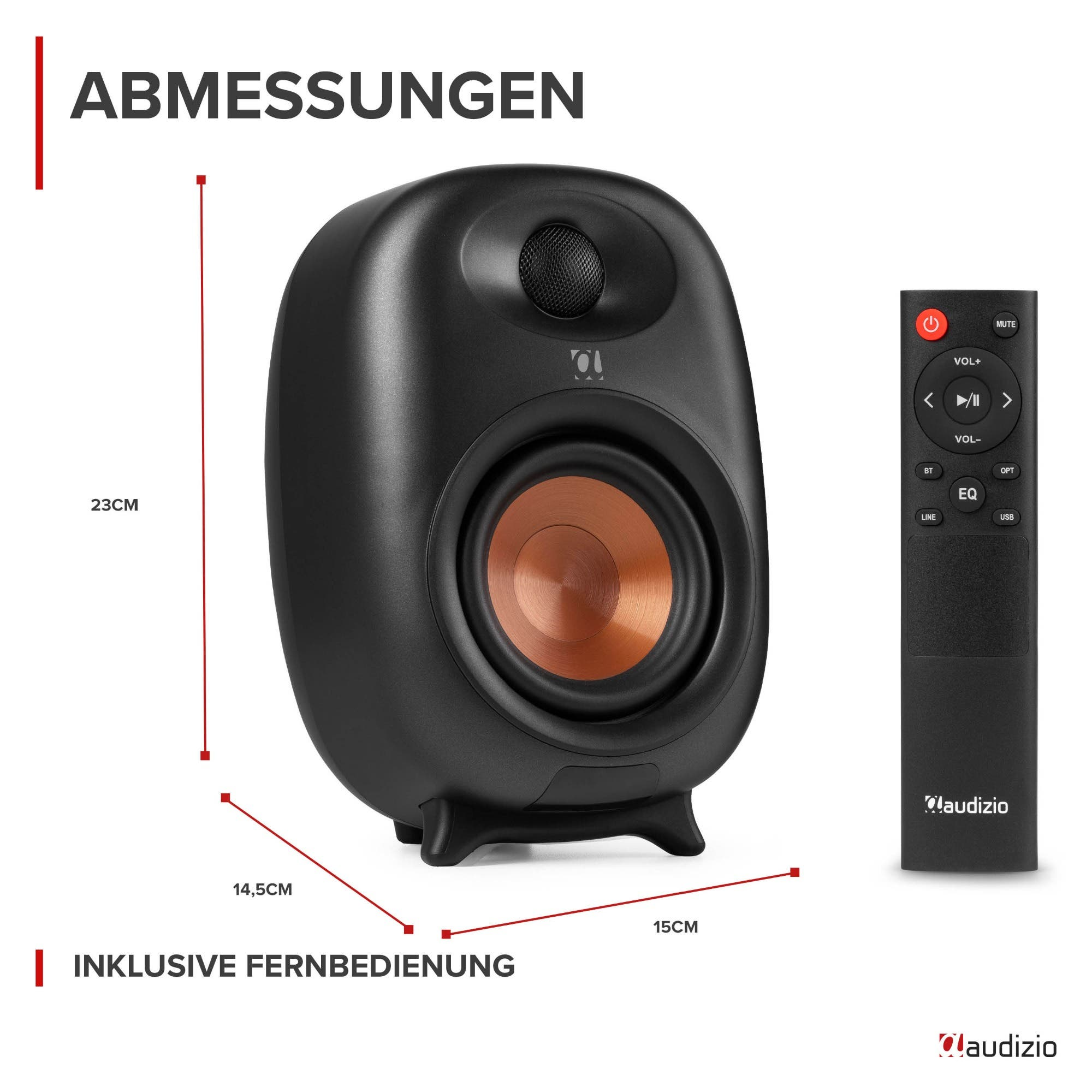 Schwarzer Audizio Lautsprecher mit kupferfarbenem Treiber, Abmessungen und Fernbedienung.