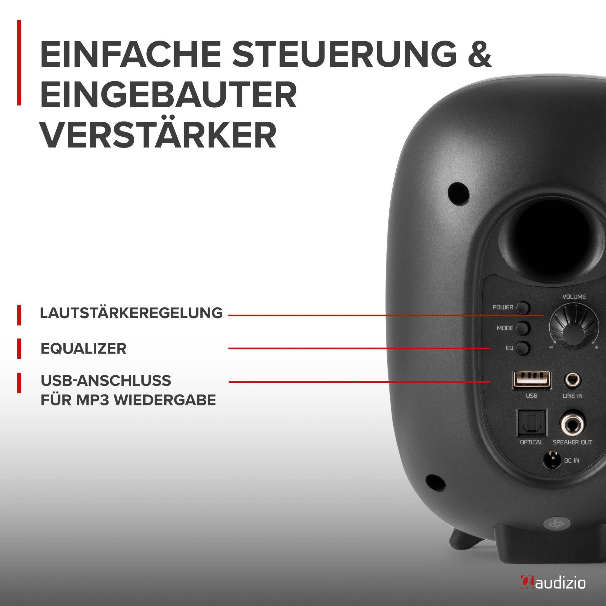 Rückseite eines schwarzen Audizio-Lautsprechers mit Anschlüssen und Bedienelementen sowie deutschem Text.