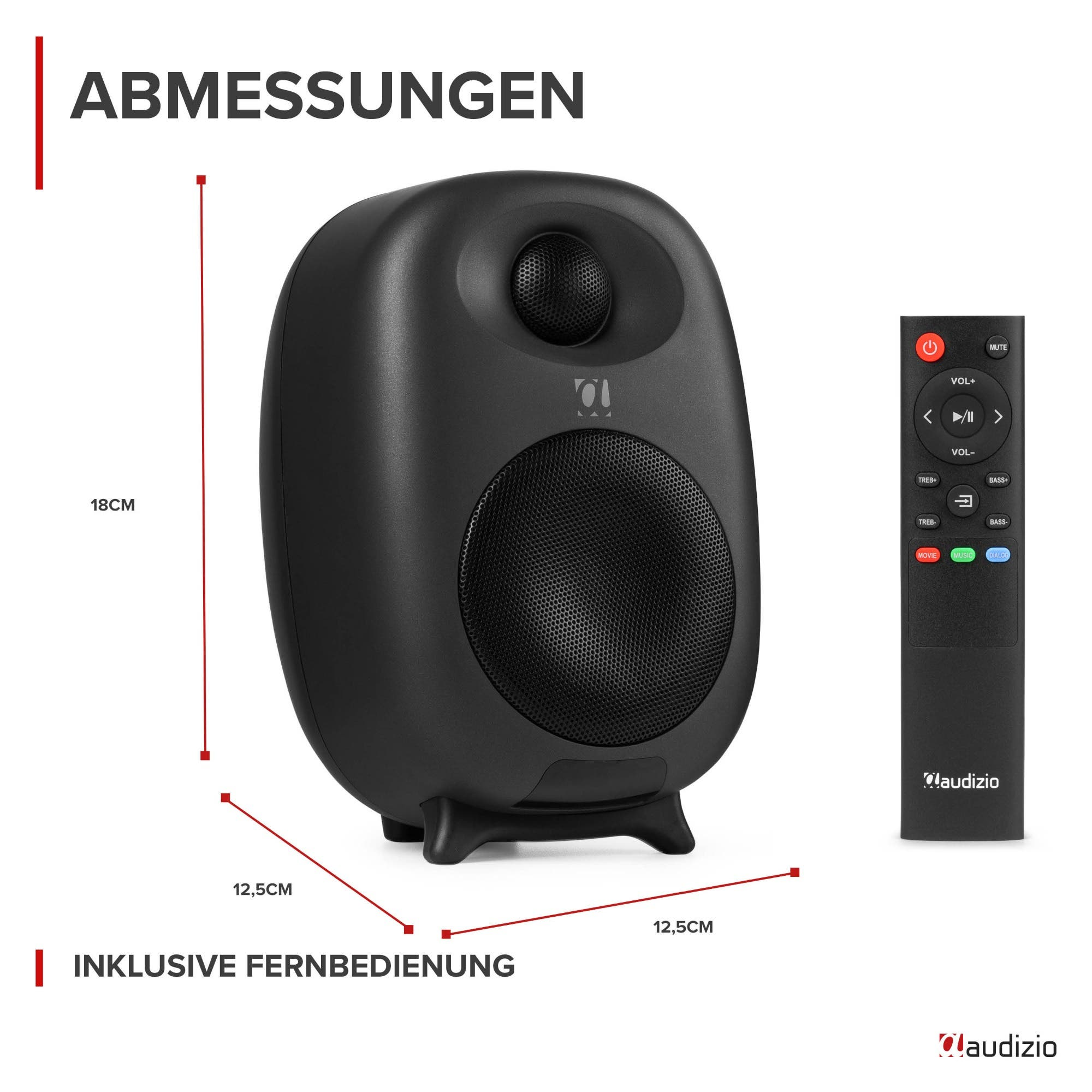 Schwarzer Audizio Lautsprecher mit Abmessungen von 18x12,5x12,5 cm und Fernbedienung auf weißem Hintergrund.