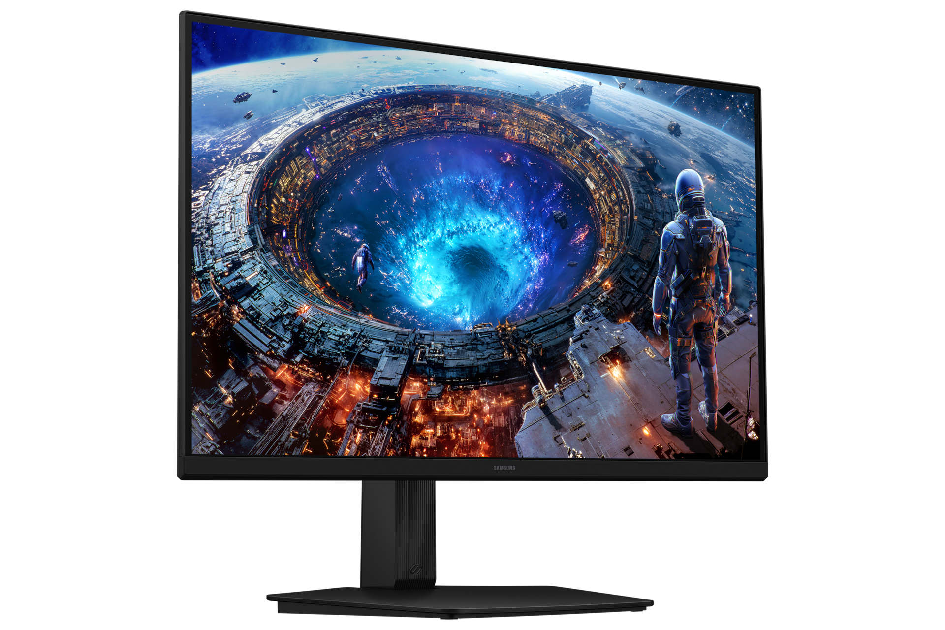Un monitor curvo muestra a un astronauta en una plataforma espacial mirando un vórtice brillante gigante en el espacio.
