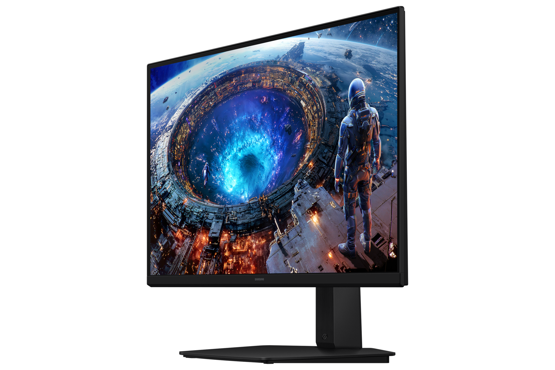 Un monitor negro muestra a un astronauta mirando una estación espacial futurista con fondo espacial.