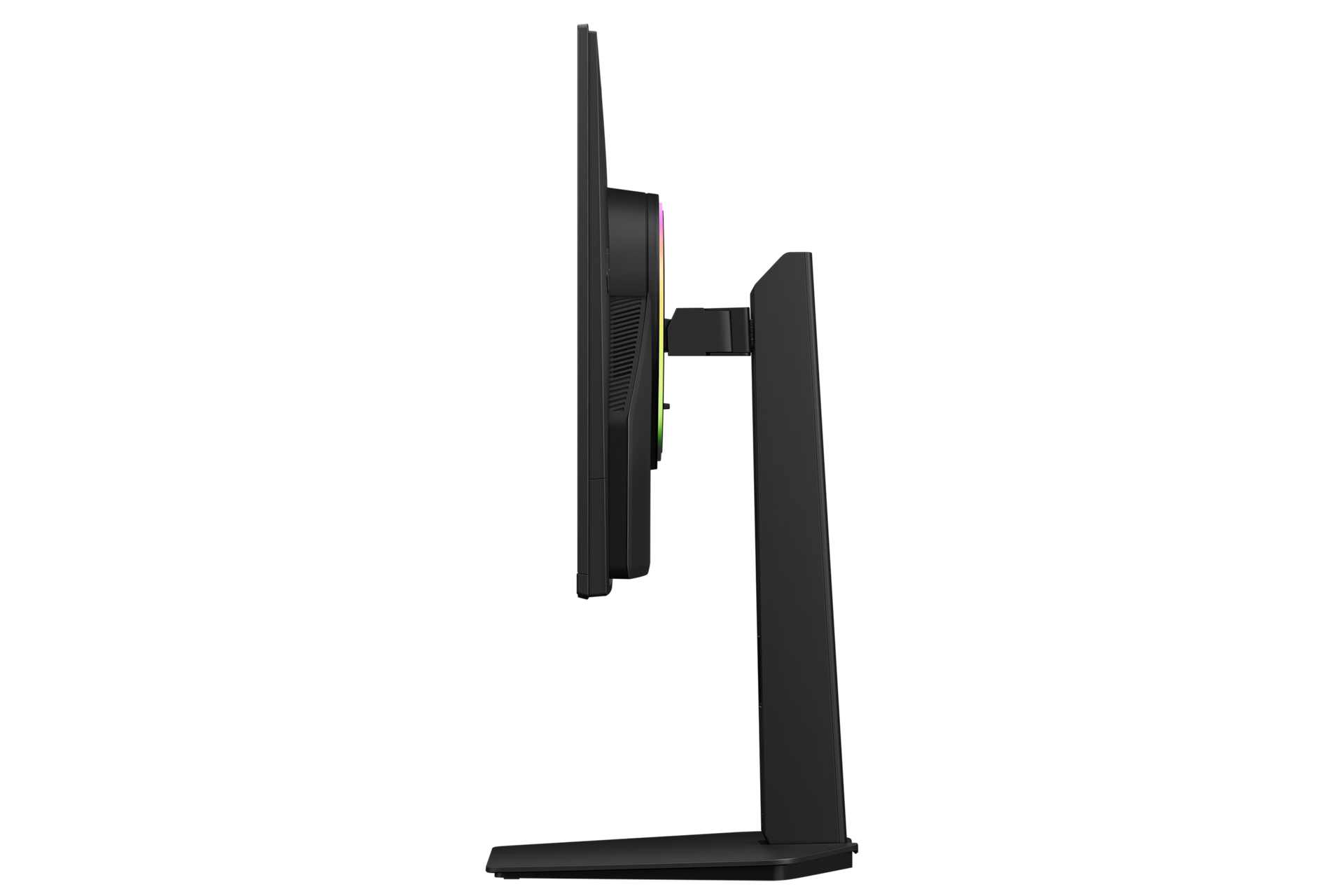 Vista lateral de un monitor negro en un soporte con un anillo RGB en la parte posterior.