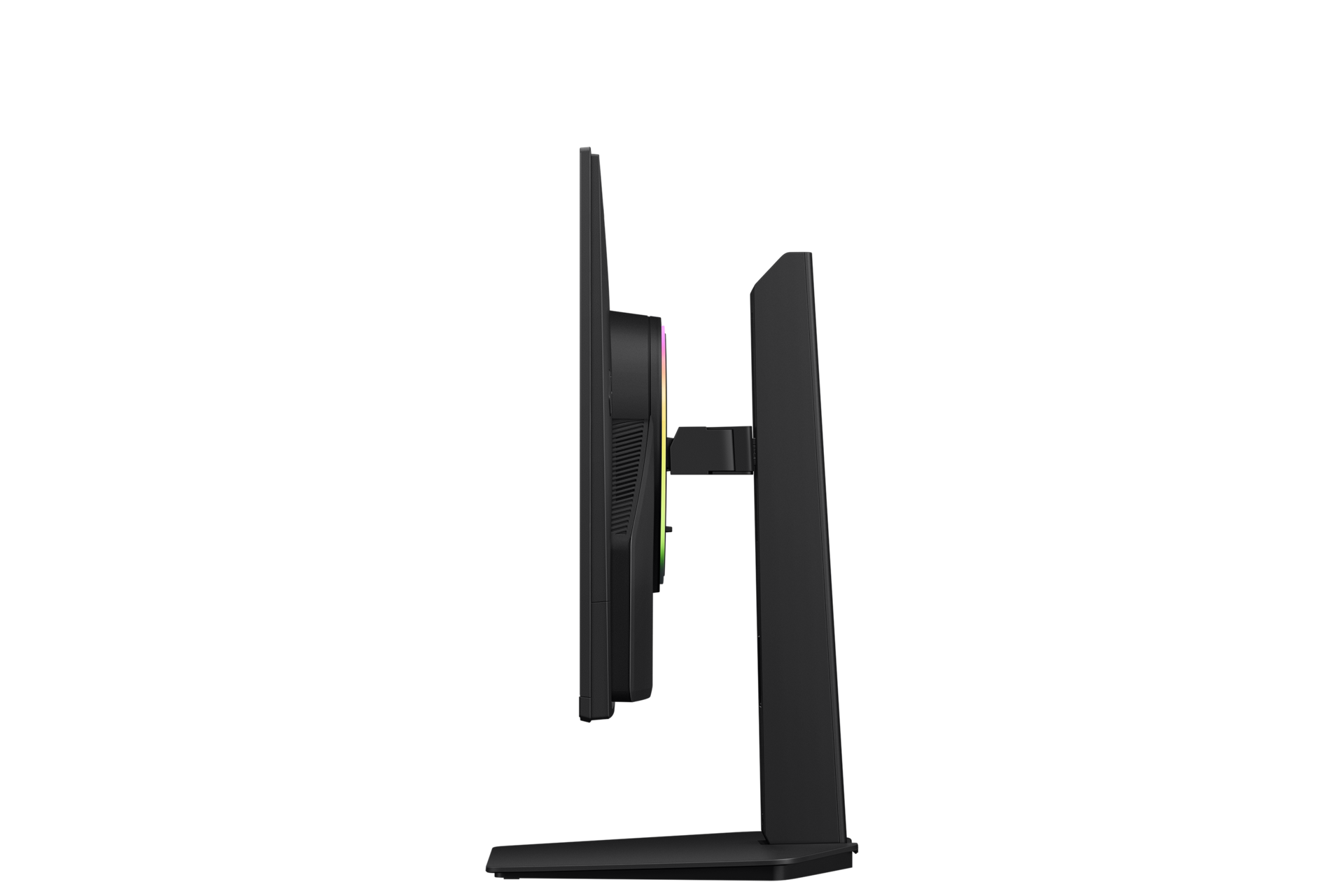 Vista lateral de un monitor negro con iluminación RGB en un soporte.