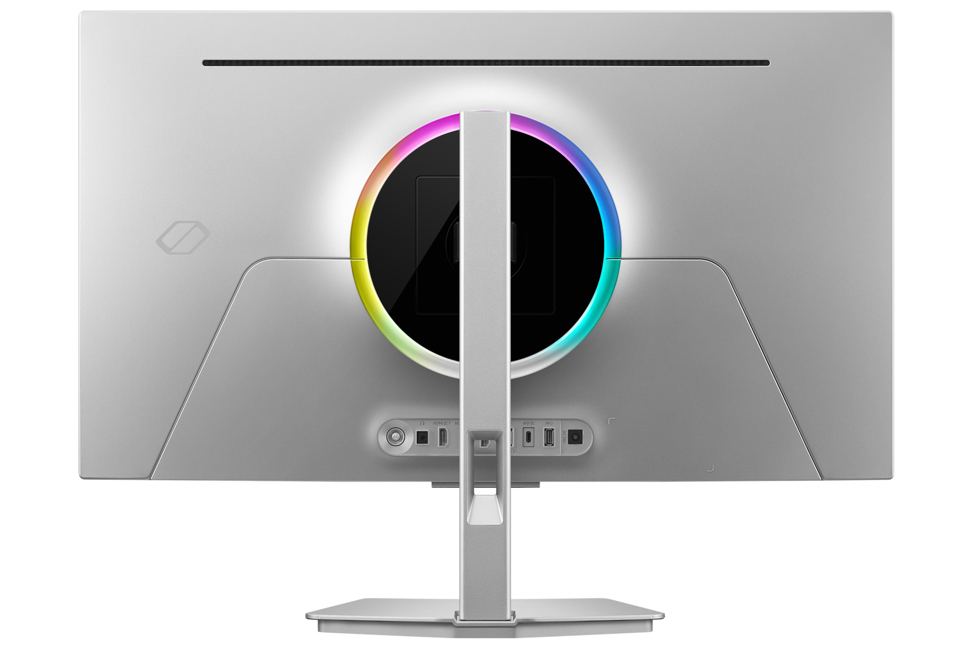 Rückseite eines silbernen Computermonitors mit leuchtendem RGB-Ringlicht um die Halterung und Anschlüssen unten.